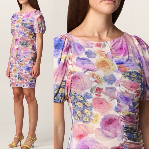 Ganni Ruched Floral-Print Mesh Mini Dress Size Small EUC - Picture 3 of 10